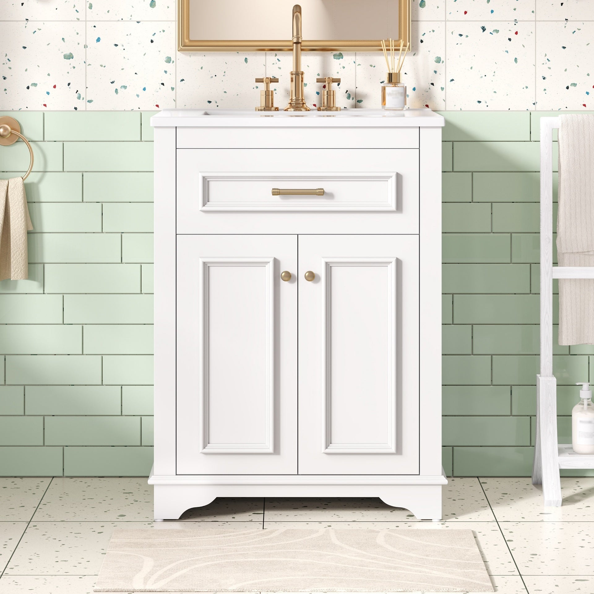 24" Bathroom Vanity with Integrated Ceramic Sink, Bathroom Cabinet with 2 Doors, 1 Tip-Out Drawer, Single Sink Bathroom Vanity for Small and Medium Restroom, White