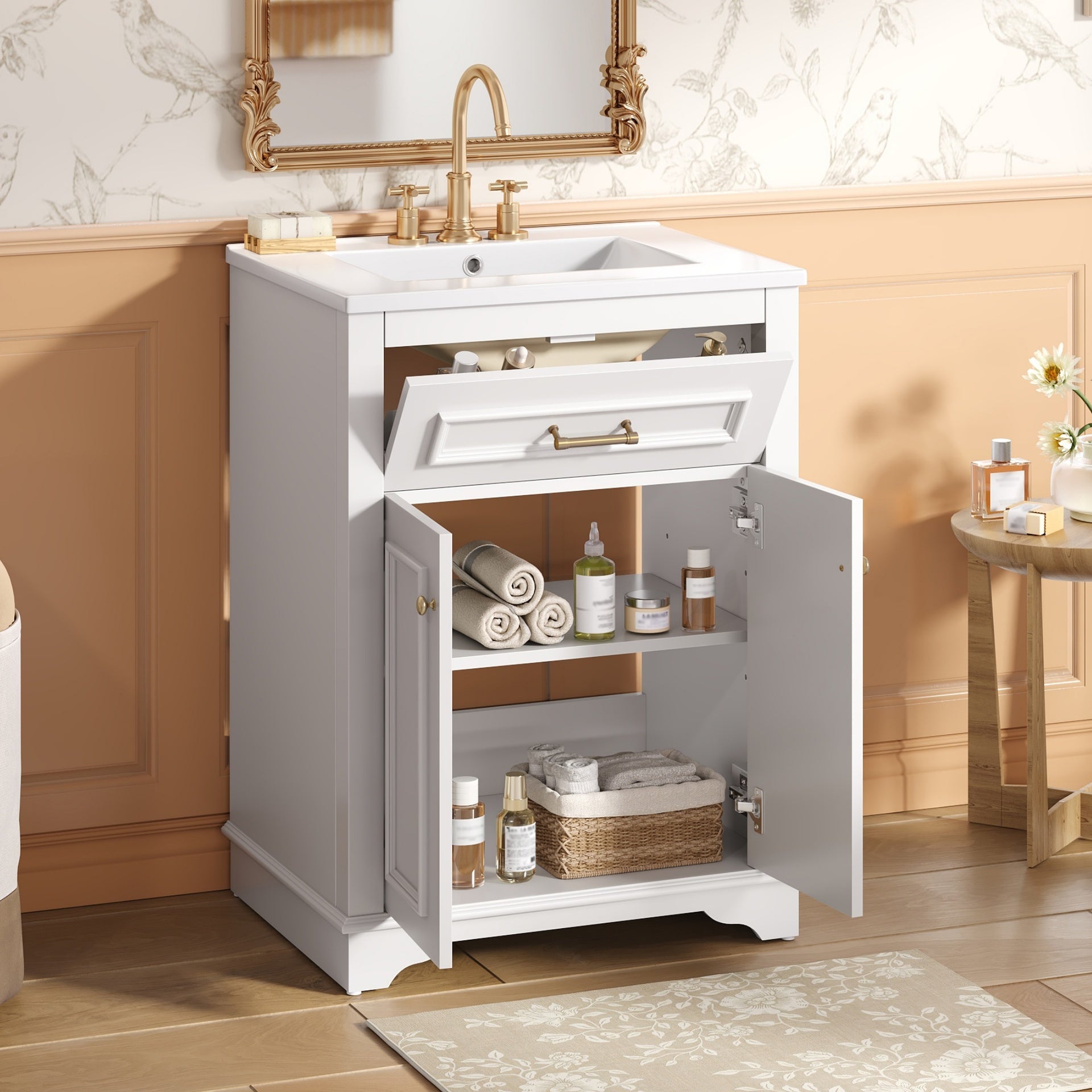 24" Bathroom Vanity with Integrated Ceramic Sink, Bathroom Cabinet with 2 Doors, 1 Tip-Out Drawer, Single Sink Bathroom Vanity for Small and Medium Restroom, White