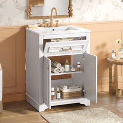 24" Bathroom Vanity with Integrated Ceramic Sink, Bathroom Cabinet with 2 Doors, 1 Tip-Out Drawer, Single Sink Bathroom Vanity for Small and Medium Restroom, White