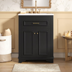 24" Bathroom Vanity with Integrated Ceramic Sink, Bathroom Cabinet with 2 Doors, 1 Tip-Out Drawer, Single Sink Bathroom Vanity for Small and Medium Restroom, Black