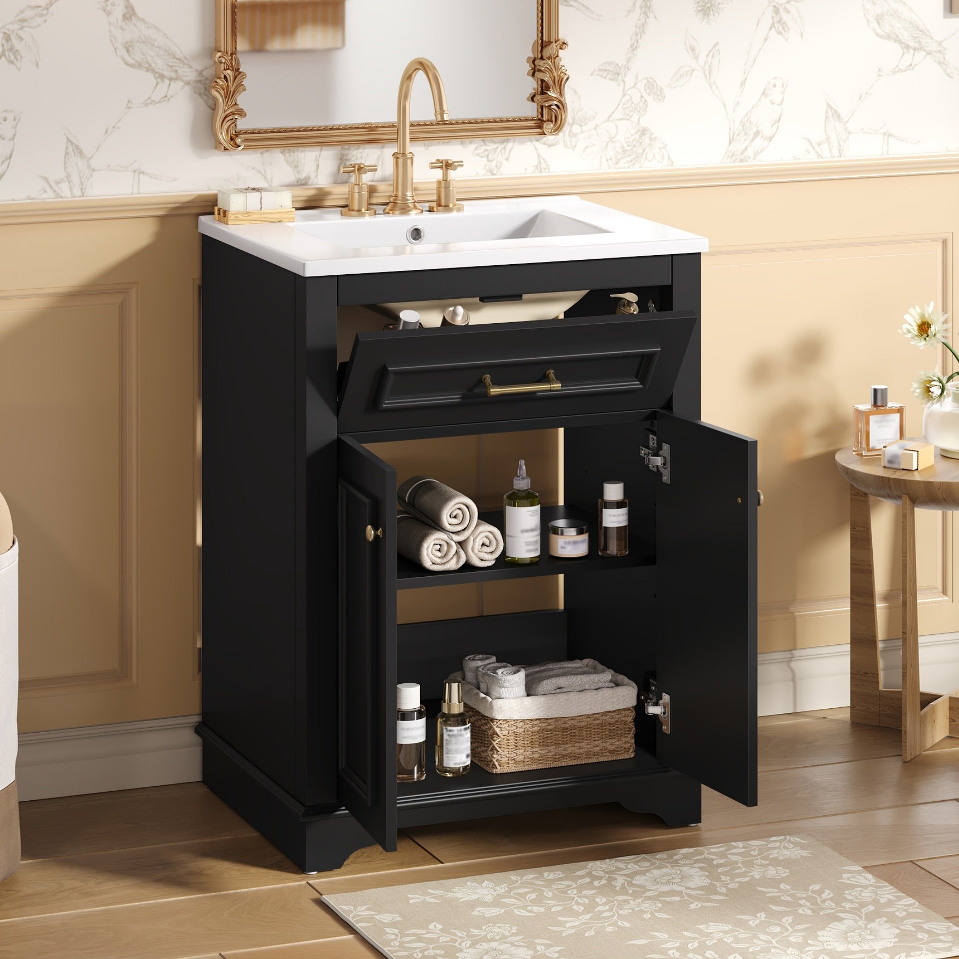 24" Bathroom Vanity with Integrated Ceramic Sink, Bathroom Cabinet with 2 Doors, 1 Tip-Out Drawer, Single Sink Bathroom Vanity for Small and Medium Restroom, Black