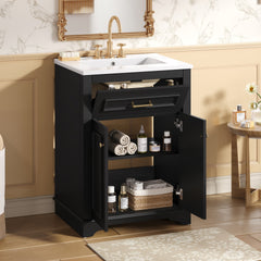 24" Bathroom Vanity with Integrated Ceramic Sink, Bathroom Cabinet with 2 Doors, 1 Tip-Out Drawer, Single Sink Bathroom Vanity for Small and Medium Restroom, Black