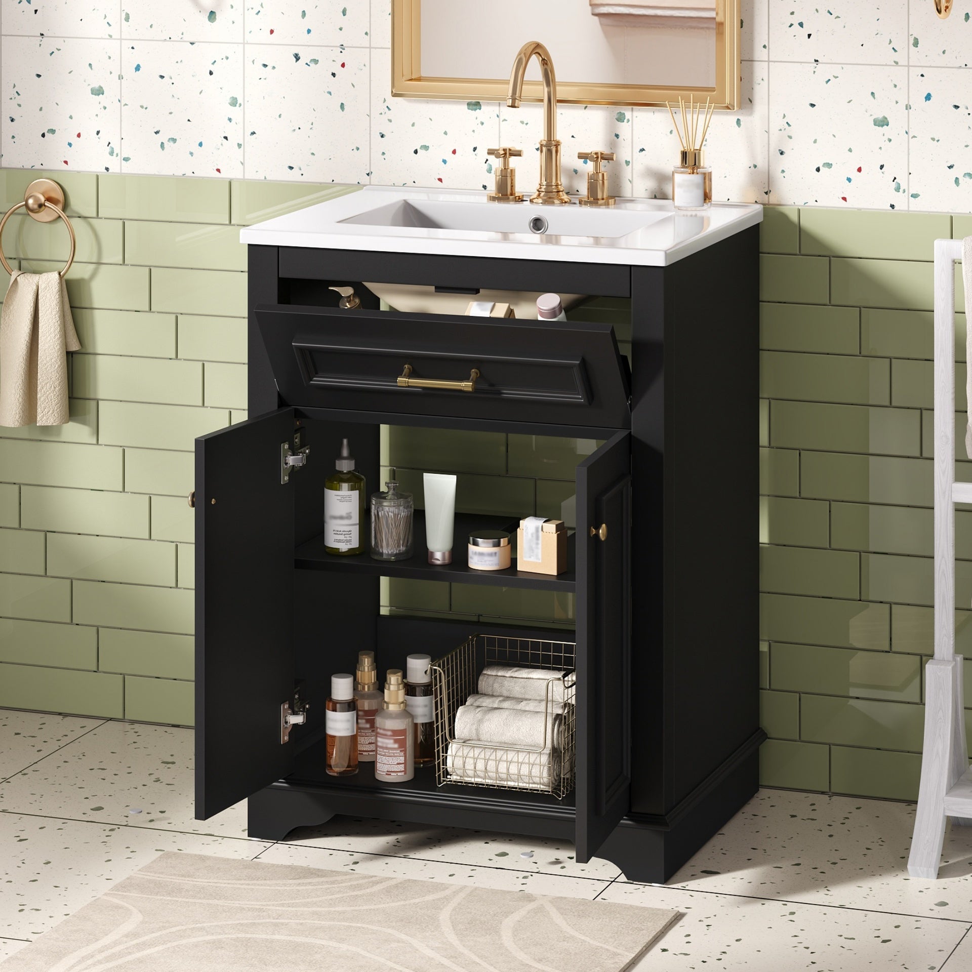 24" Bathroom Vanity with Integrated Ceramic Sink, Bathroom Cabinet with 2 Doors, 1 Tip-Out Drawer, Single Sink Bathroom Vanity for Small and Medium Restroom, Black