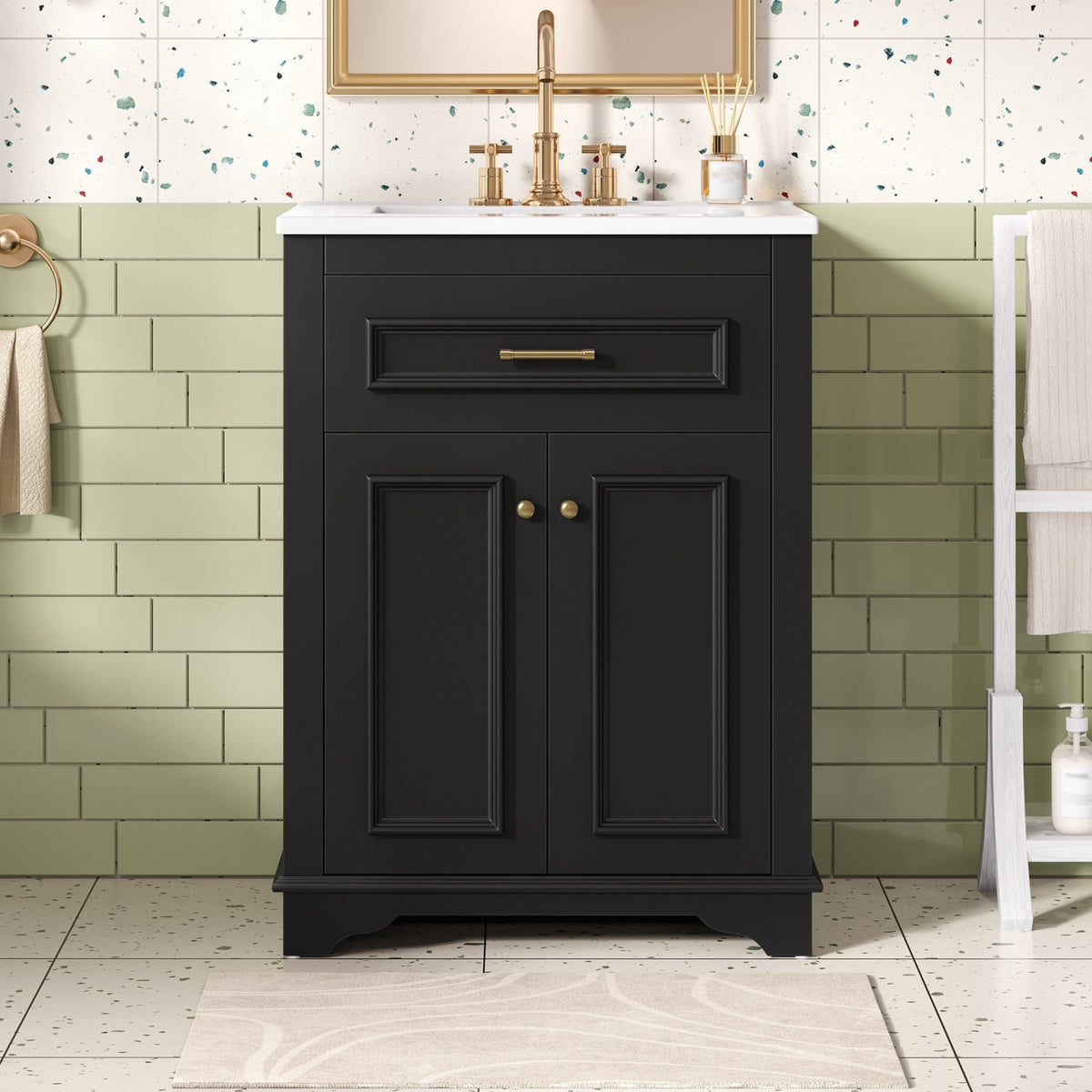 24" Bathroom Vanity with Integrated Ceramic Sink, Bathroom Cabinet with 2 Doors, 1 Tip-Out Drawer, Single Sink Bathroom Vanity for Small and Medium Restroom, Black