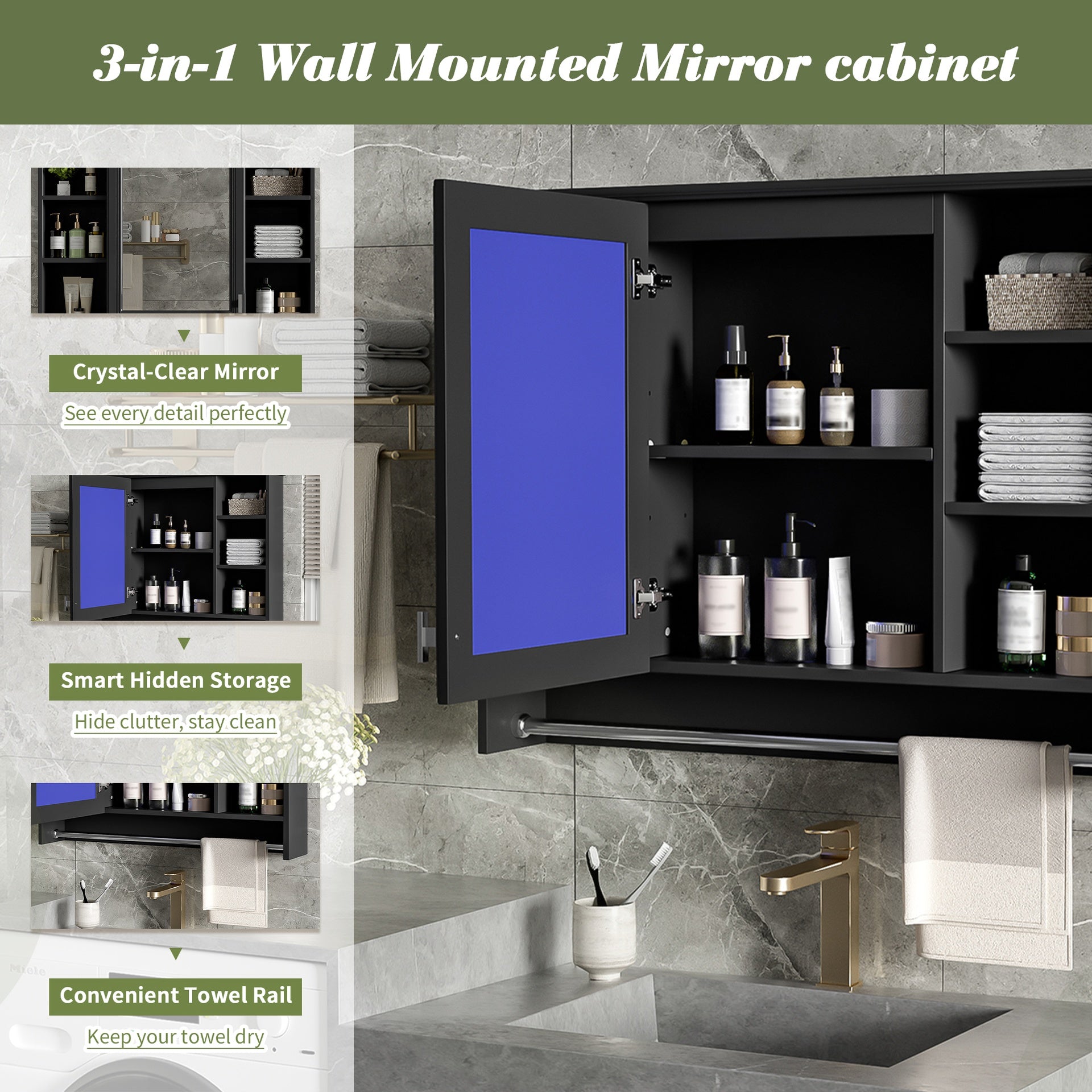 3-in-1 Bathroom Mirror Cabinet, 36-inch Wall Mounted Medicine Cabinet with Adjustable Shelf & Soft Close Door, High-Define Mirror with Storage for Bathroom Vanity