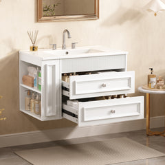 30'' Wall Mounted Bathroom Vanity, Floating Bathroom Storage Cabinet with 2 Drawers, 3 Holes Single Ceramic Sink, Modern Cabinet.