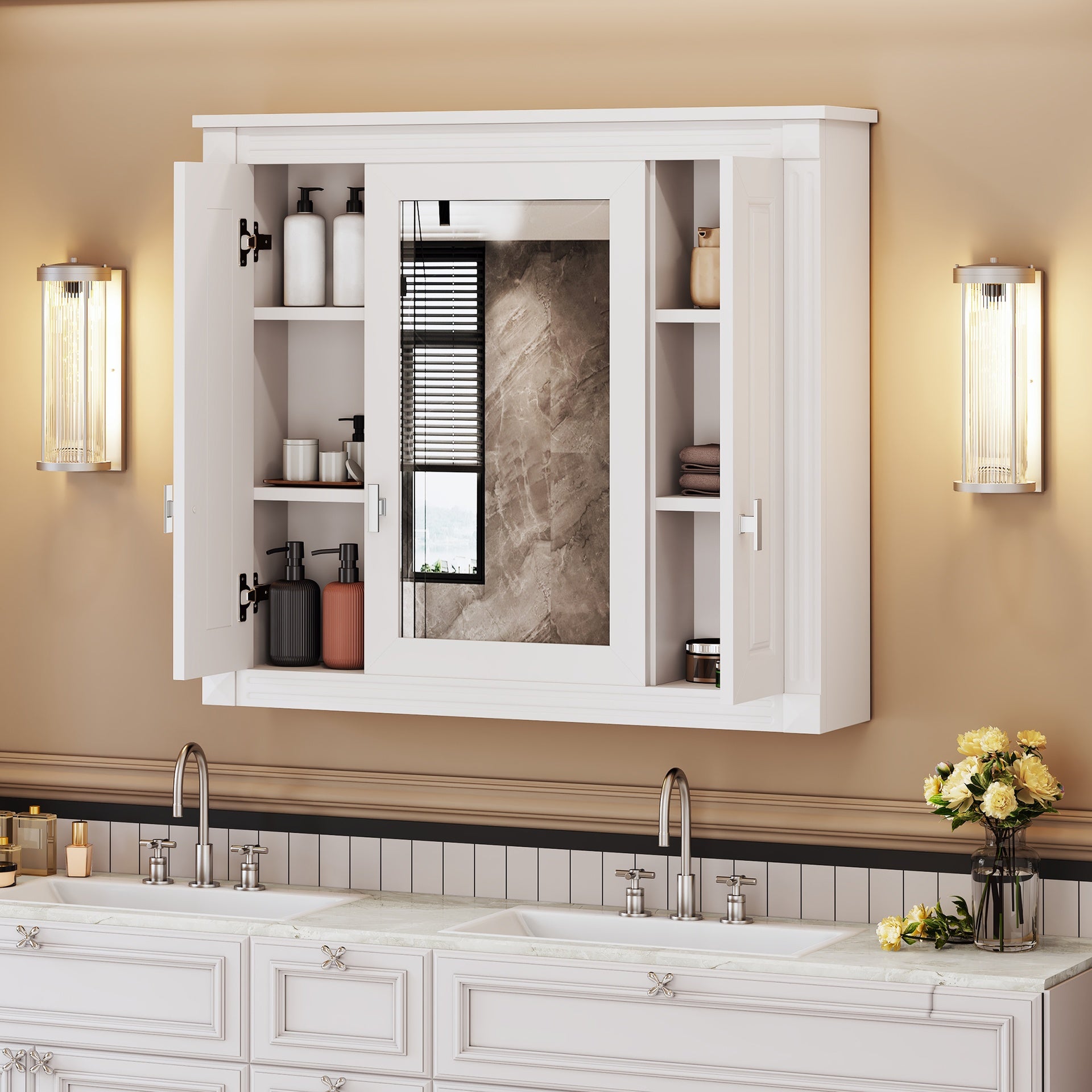 Bathroom Wall Cabinet with Mirror, Wall Mounted Medicine Cabinet with 4 Shelves, Mirrored Door Over Toilet Storage Cabinet, White