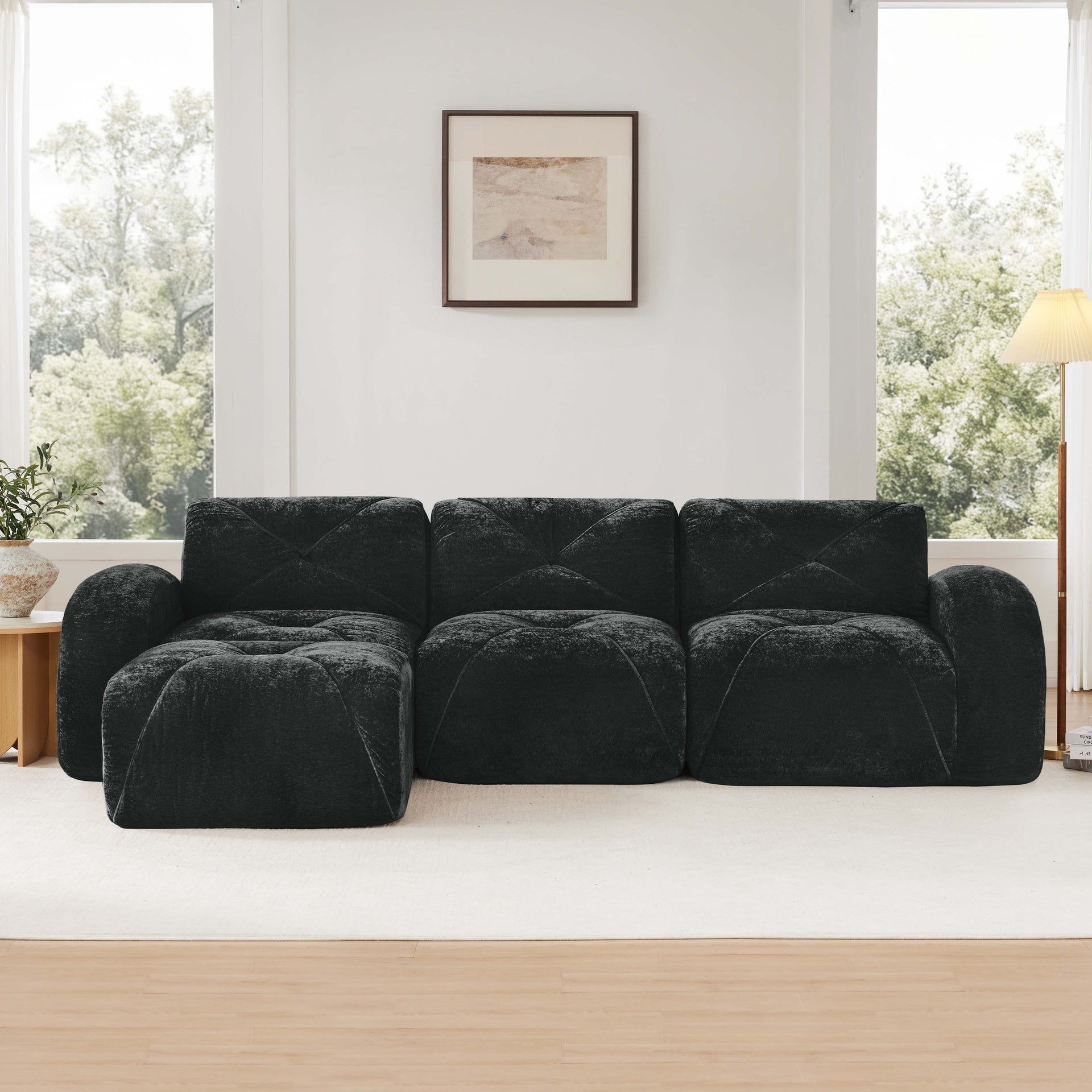 L-shaped Soft Velvet Fabric,Boneless Sofa,Tufted Design,Ergonomic Design Bottom,32D High Density Sponge,No Assembly Required Bottom,Anti-Slip Design,Movable Ottoman For Living Room,Black