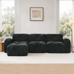L-shaped Soft Velvet Fabric,Boneless Sofa,Tufted Design,Ergonomic Design Bottom,32D High Density Sponge,No Assembly Required Bottom,Anti-Slip Design,Movable Ottoman For Living Room,Black