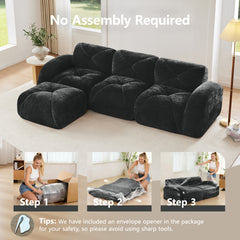 L-shaped Soft Velvet Fabric,Boneless Sofa,Tufted Design,Ergonomic Design Bottom,32D High Density Sponge,No Assembly Required Bottom,Anti-Slip Design,Movable Ottoman For Living Room,Black