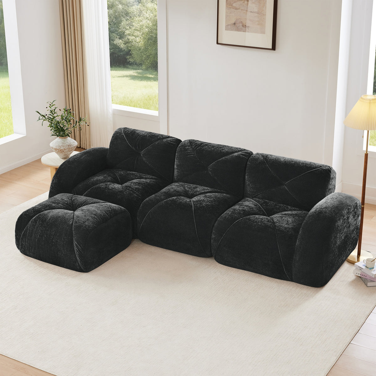 L-shaped Soft Velvet Fabric,Boneless Sofa,Tufted Design,Ergonomic Design Bottom,32D High Density Sponge,No Assembly Required Bottom,Anti-Slip Design,Movable Ottoman For Living Room,Black