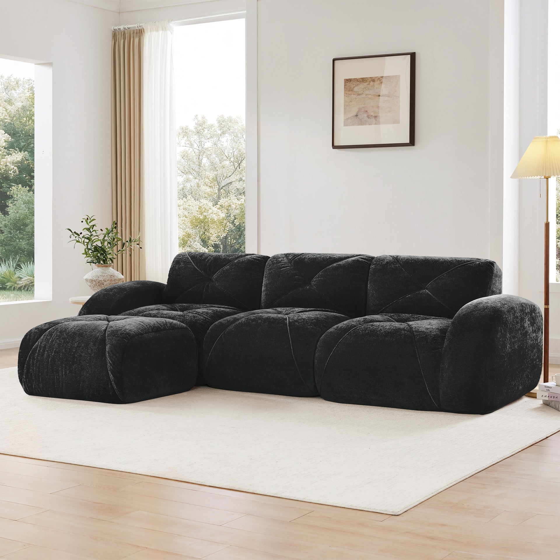 L-shaped Soft Velvet Fabric,Boneless Sofa,Tufted Design,Ergonomic Design Bottom,32D High Density Sponge,No Assembly Required Bottom,Anti-Slip Design,Movable Ottoman For Living Room,Black