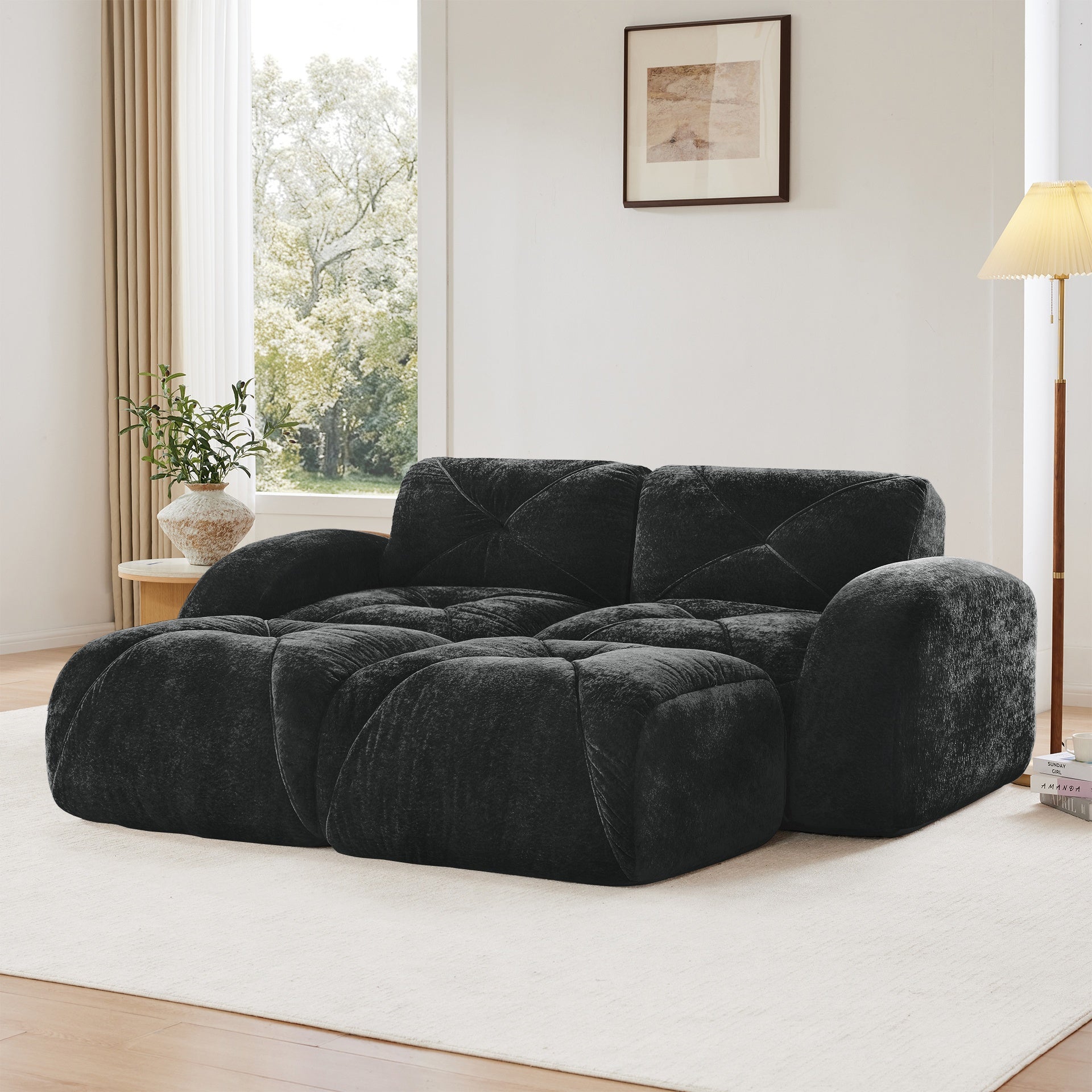 U-shaped Boneless Sofa,Soft Velvet Fabric,Tufted Design,32D High Density Sponge,No Assembly Required,Ergonomic Design Bottom, Anti-Slip Design,Movable Ottomans For Bedrooms,Black
