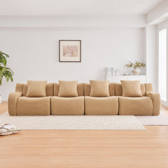 4-Seat Boneless Sofa,High-Quality Teddy Fabric,No assembly required Curved armrest,Anti-slip Design,32D High Density Sponge Full Compression Vacuum Packag,For Studies Iiving Rooms,Camel