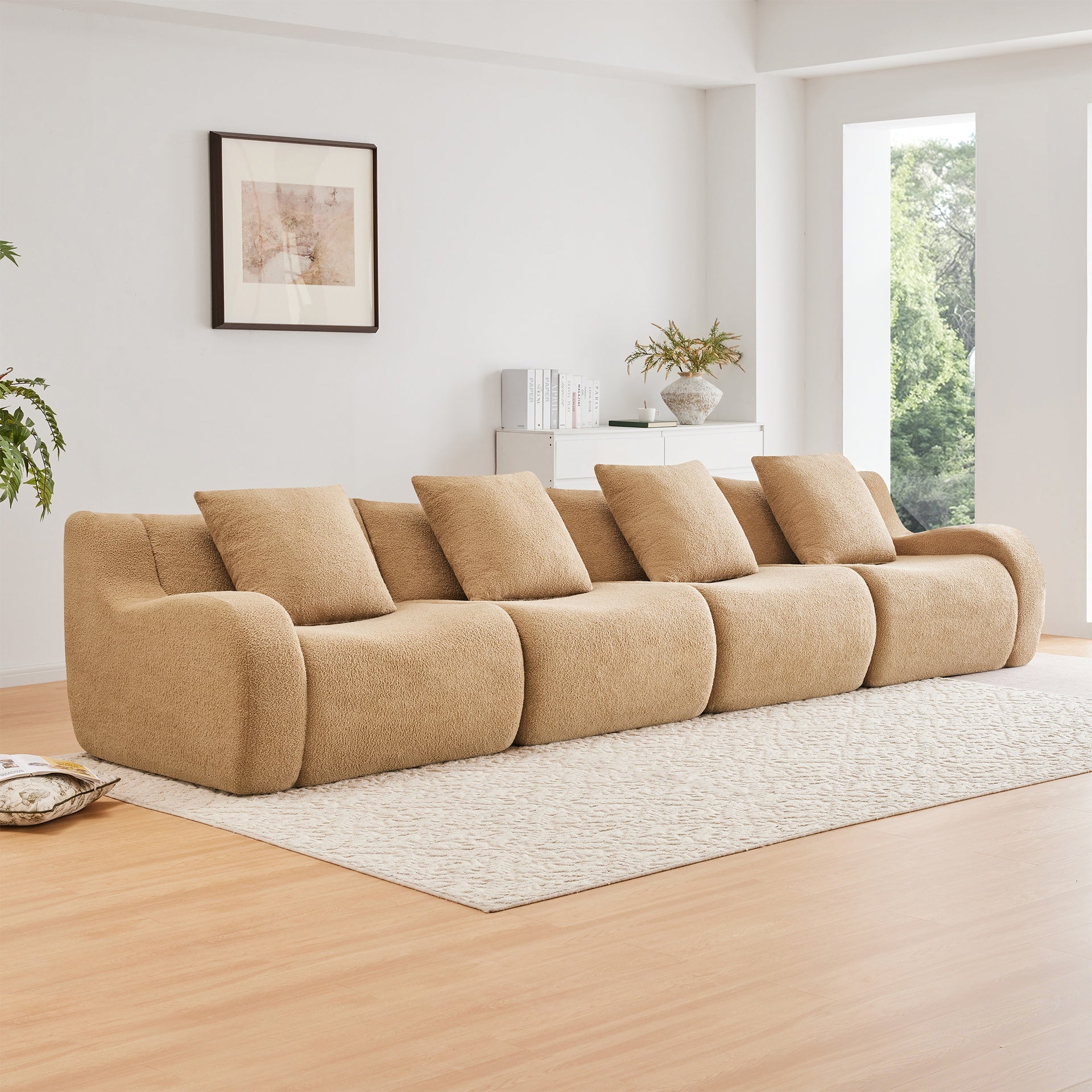 4-Seat Boneless Sofa,High-Quality Teddy Fabric,No assembly required Curved armrest,Anti-slip Design,32D High Density Sponge Full Compression Vacuum Packag,For Studies Iiving Rooms,Camel