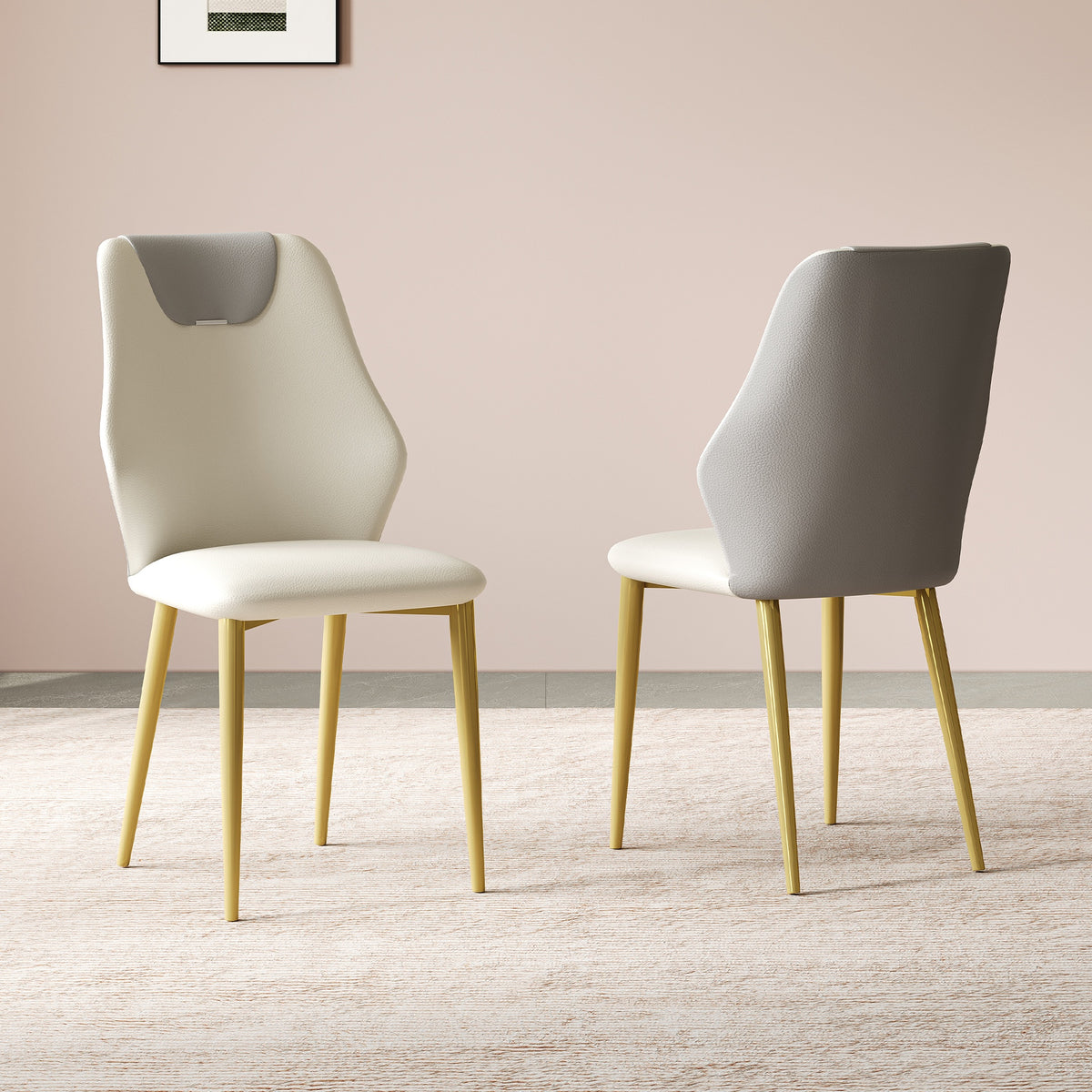 Set of 2 dining chairs, high-quality PU leather seats, with gold-plated painted carbon steel legs and ergonomic backrests, suitable for kitchen, dining room and living room  (miller white + gray)