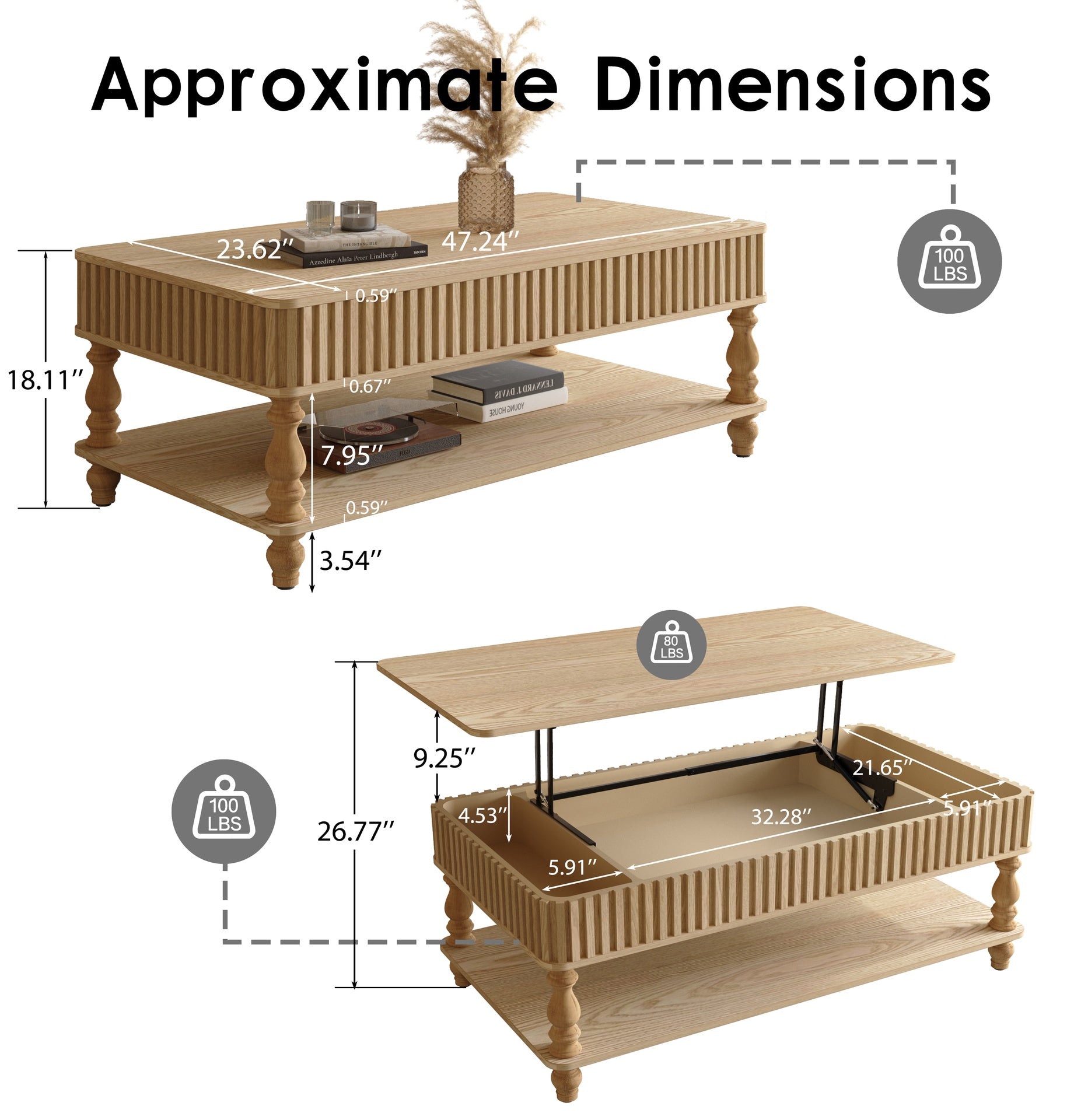 47.24" Lift Top Fluted Coffee Table with Hidden Storage with Roman Column Legs, Rectangle Handmade Solid Wood Strips for Small Space Apartment Living Room, Multi-Functional Lift-Top Design