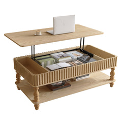 47.24" Lift Top Fluted Coffee Table with Hidden Storage with Roman Column Legs, Rectangle Handmade Solid Wood Strips for Small Space Apartment Living Room, Multi-Functional Lift-Top Design