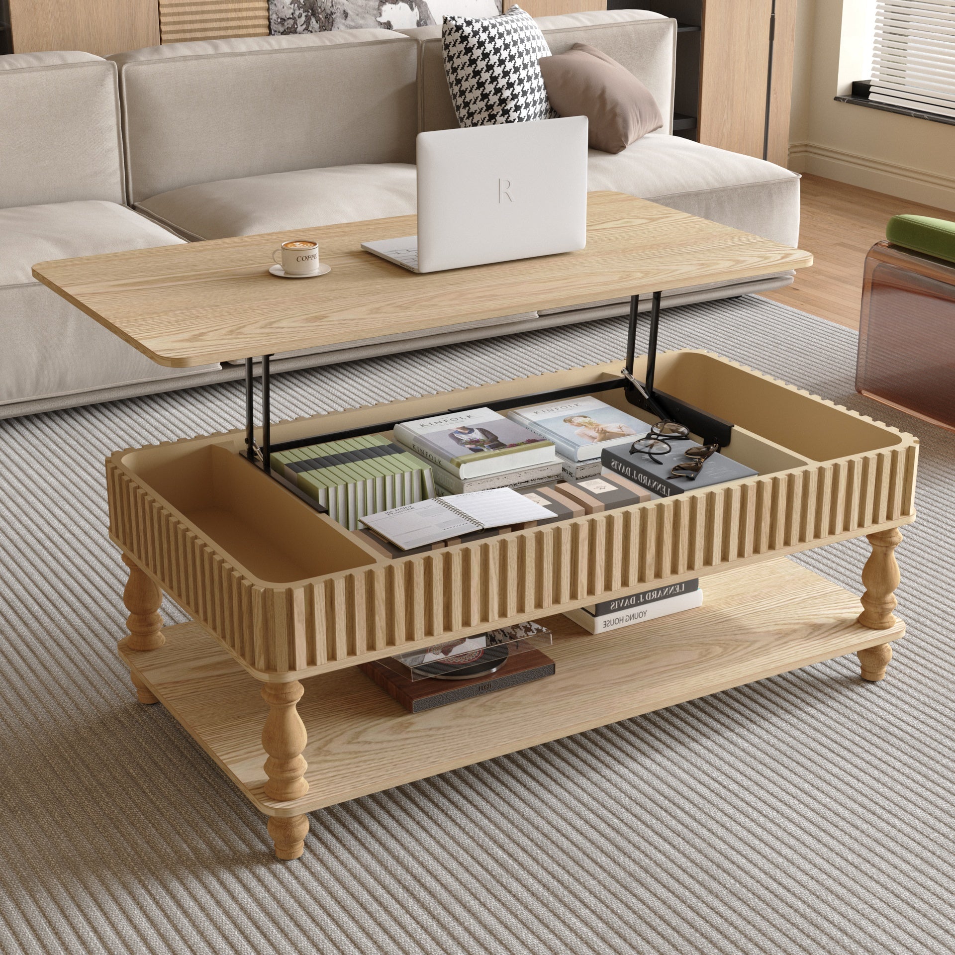 47.24" Lift Top Fluted Coffee Table with Hidden Storage with Roman Column Legs, Rectangle Handmade Solid Wood Strips for Small Space Apartment Living Room, Multi-Functional Lift-Top Design