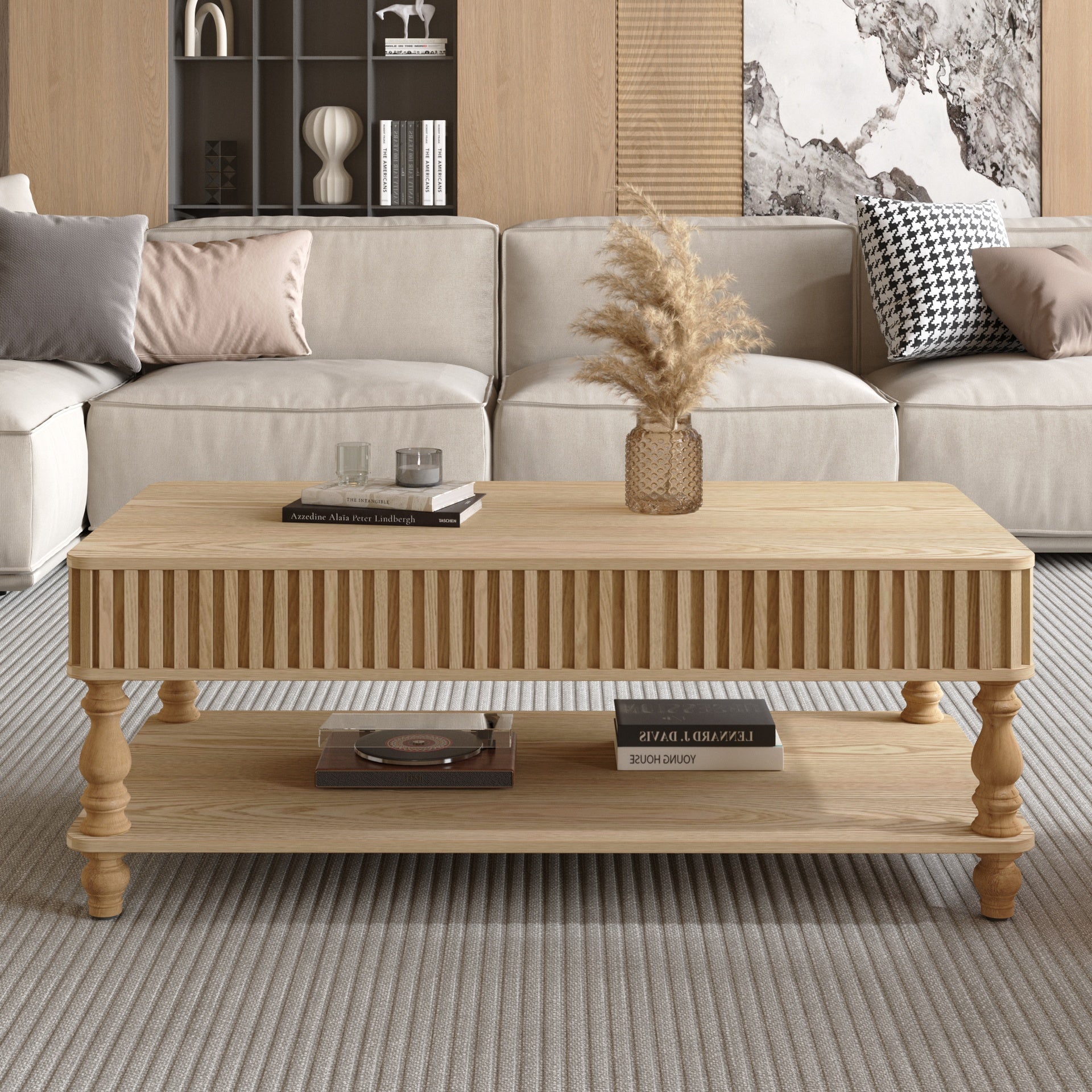 47.24" Lift Top Fluted Coffee Table with Hidden Storage with Roman Column Legs, Rectangle Handmade Solid Wood Strips for Small Space Apartment Living Room, Multi-Functional Lift-Top Design
