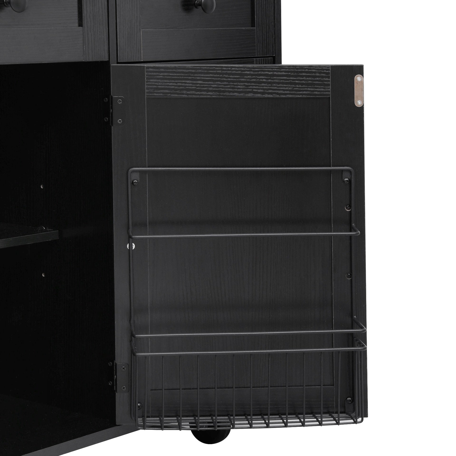 K&K 46.5'' Farmhouse Kitchen Island with Drape of Beads, Power Outlet, Rolling Kitchen Cart on Wheels with Drop Leaf, 3 Doors , 3 Drawers and Internal Iron Shelf, for Kitchen, Dining Room, Black
