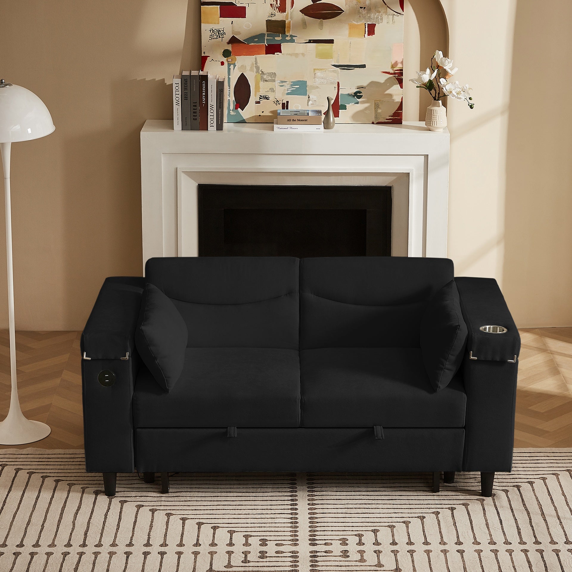 Black Chenille Sofa with Side Table and USB Port