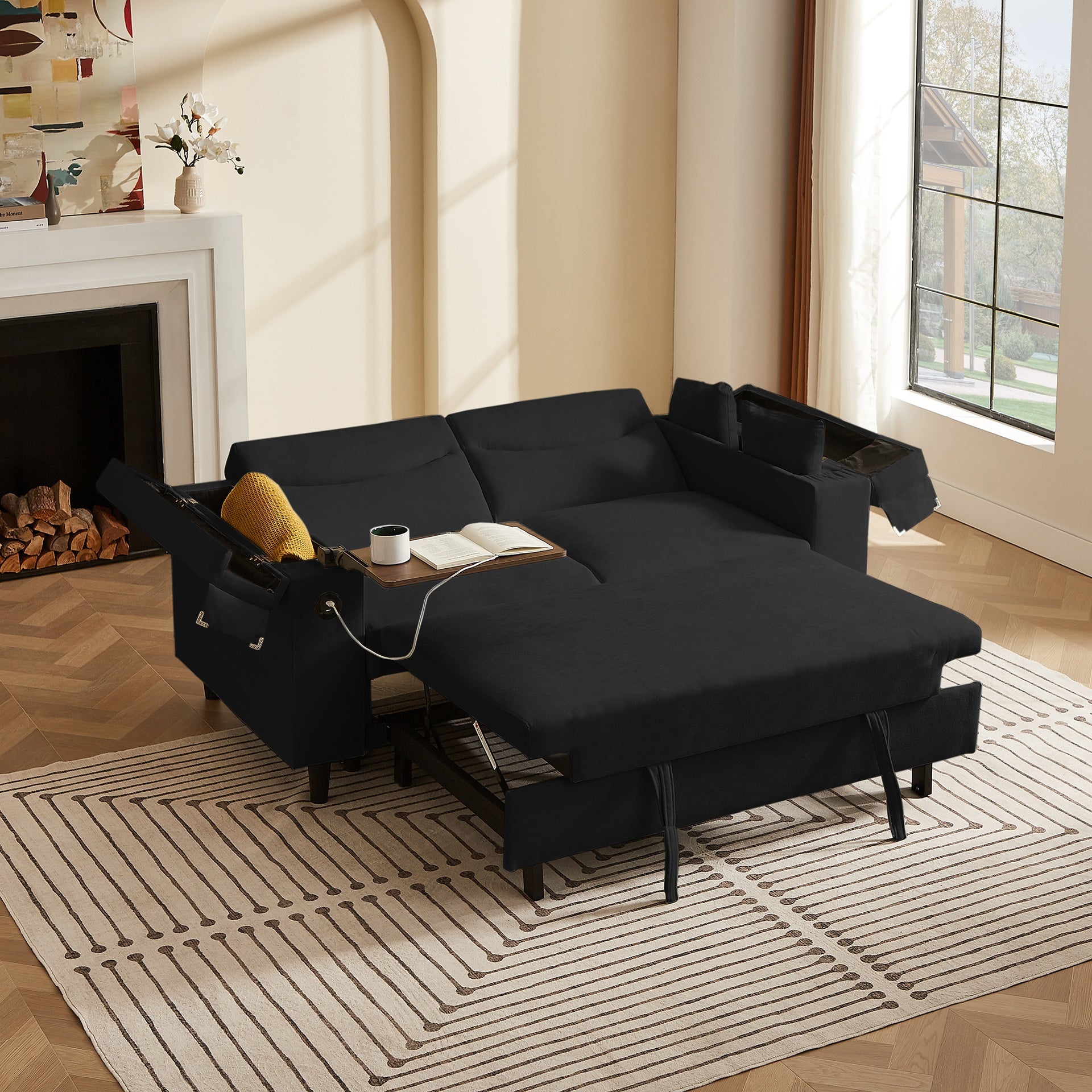 Black Chenille Sofa with Side Table and USB Port
