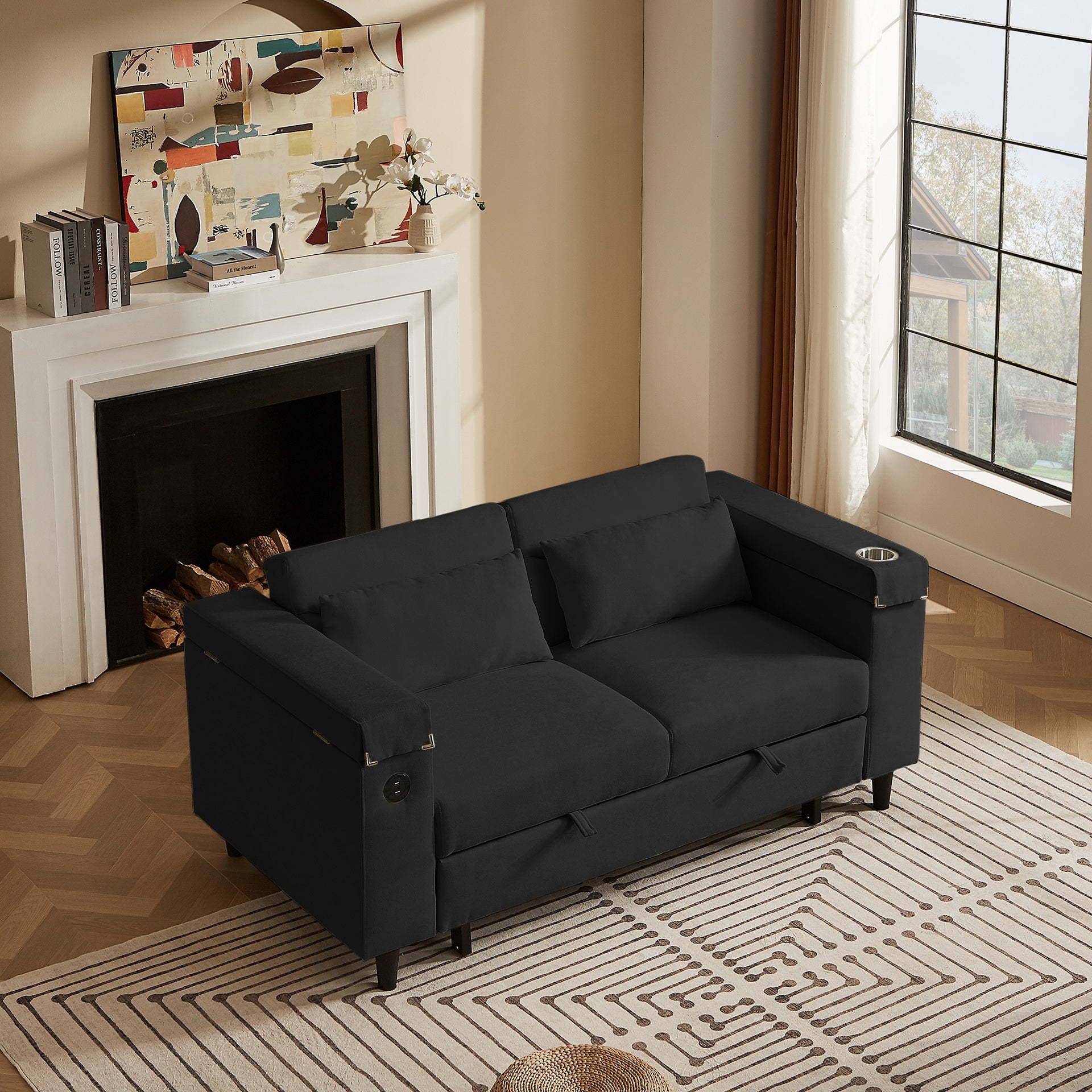 Black Chenille Sofa with Side Table and USB Port