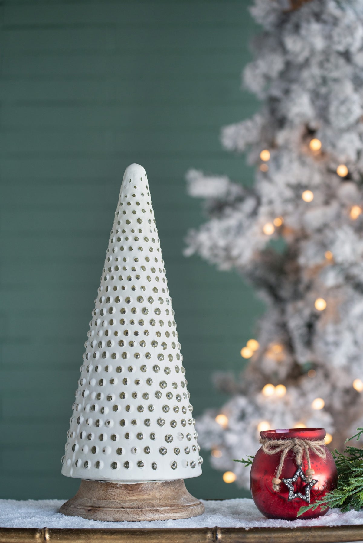 D6.7x18" Glass Christmas Cone Tree Decoration, Cream