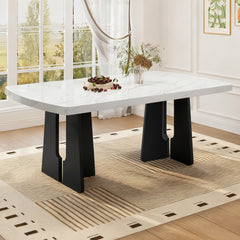 63" Modern Faux Marble Dining Table - Black/White Marble Top with Sturdy Geometric Legs, Stylish Kitchen & Dining Room Table for Home, Apartment, Office, Easy to Assemble, White+Black