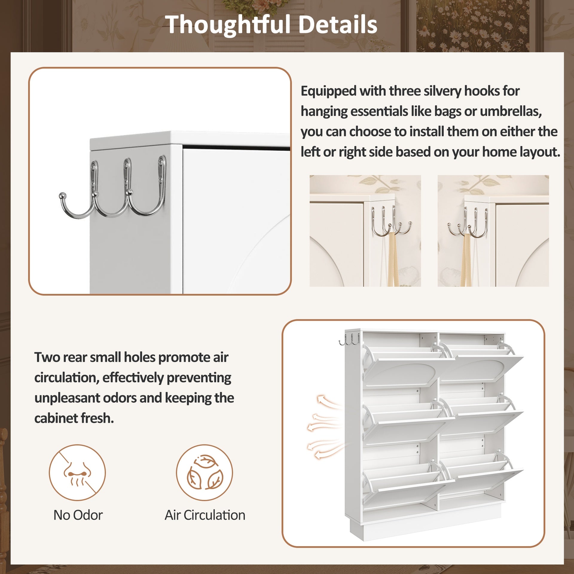 Modern Elegant Narrow Tipping Bucket Shoe Cabinet with 6 Flip Drawers, Space Saving Design, Cream Style Entryway Organizer with Adjustable Shelf, Free-Standing Shoe Rack with 3 Silvery Hooks, White