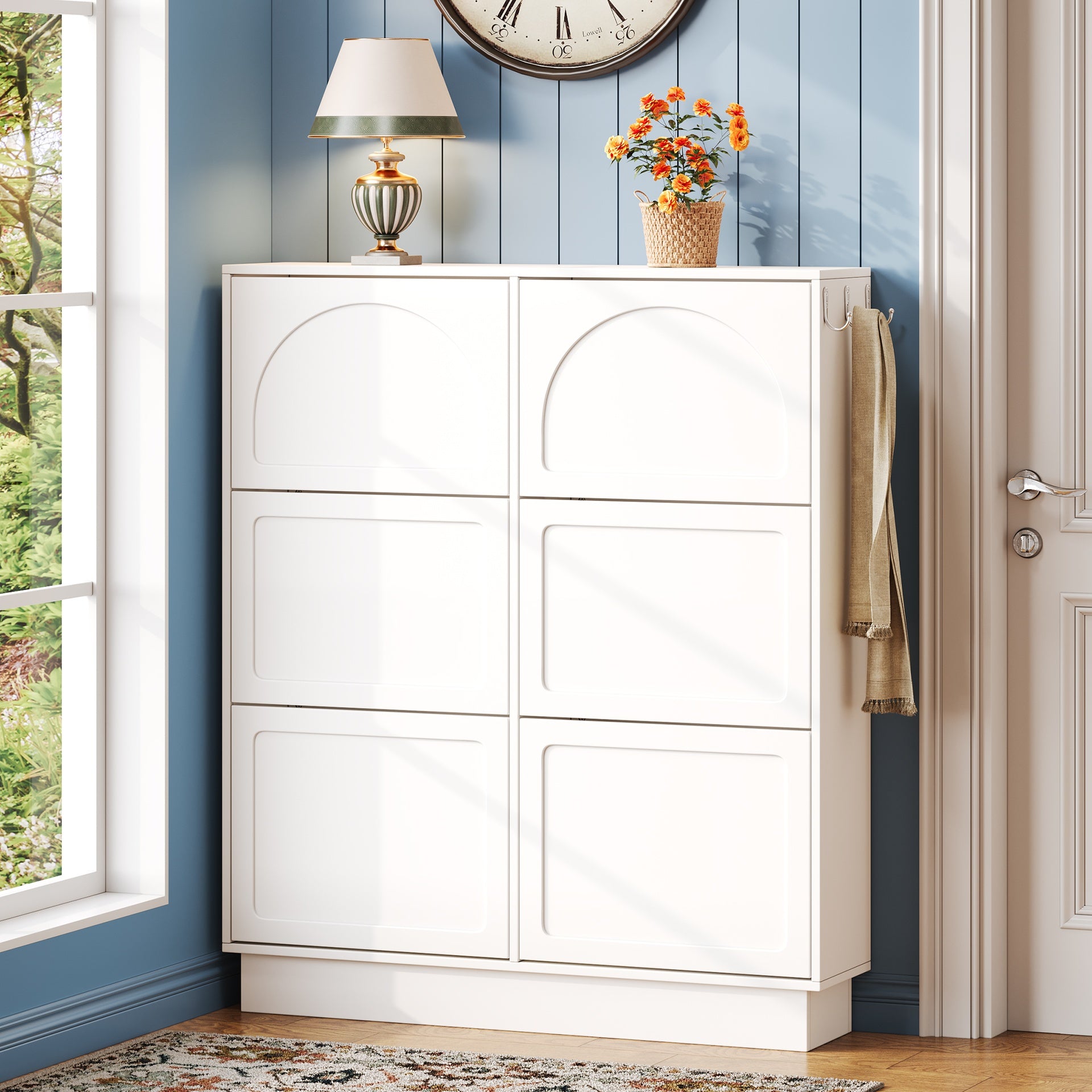 Modern Elegant Narrow Tipping Bucket Shoe Cabinet with 6 Flip Drawers, Space Saving Design, Cream Style Entryway Organizer with Adjustable Shelf, Free-Standing Shoe Rack with 3 Silvery Hooks, White