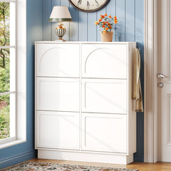 Modern Elegant Narrow Tipping Bucket Shoe Cabinet with 6 Flip Drawers, Space Saving Design, Cream Style Entryway Organizer with Adjustable Shelf, Free-Standing Shoe Rack with 3 Silvery Hooks, White