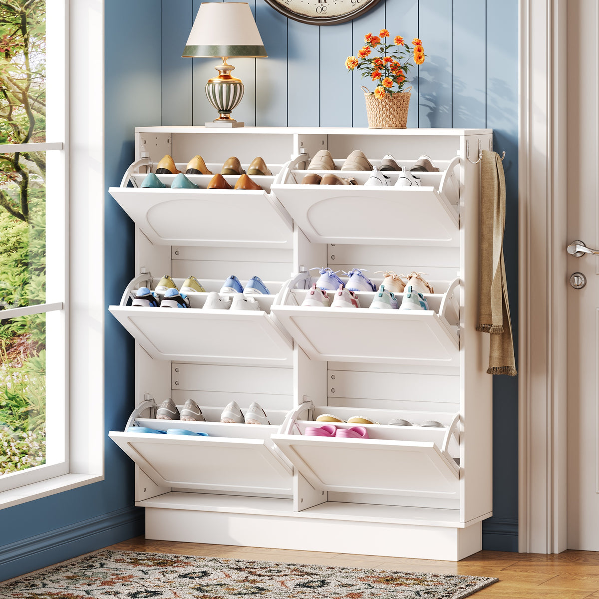 Modern Elegant Narrow Tipping Bucket Shoe Cabinet with 6 Flip Drawers, Space Saving Design, Cream Style Entryway Organizer with Adjustable Shelf, Free-Standing Shoe Rack with 3 Silvery Hooks, White