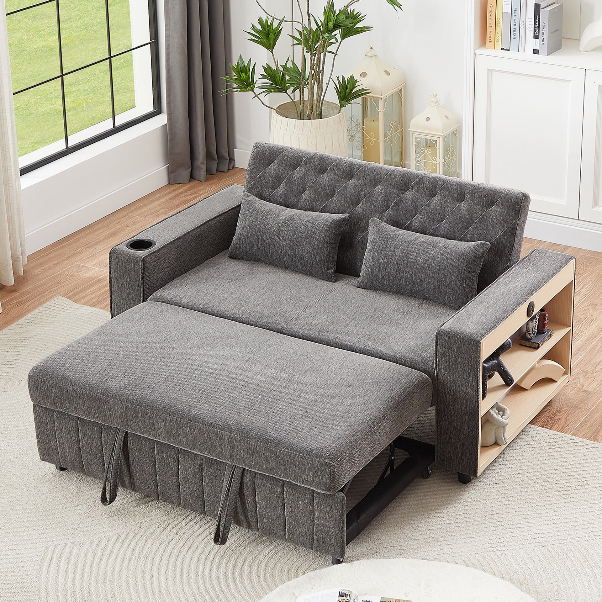 61.4" Pull-out Sofa Bed Convertible Couch Loveseat Sofa Modern Sleeper Sofa with Adjustable Backrest for Living Room, Grey