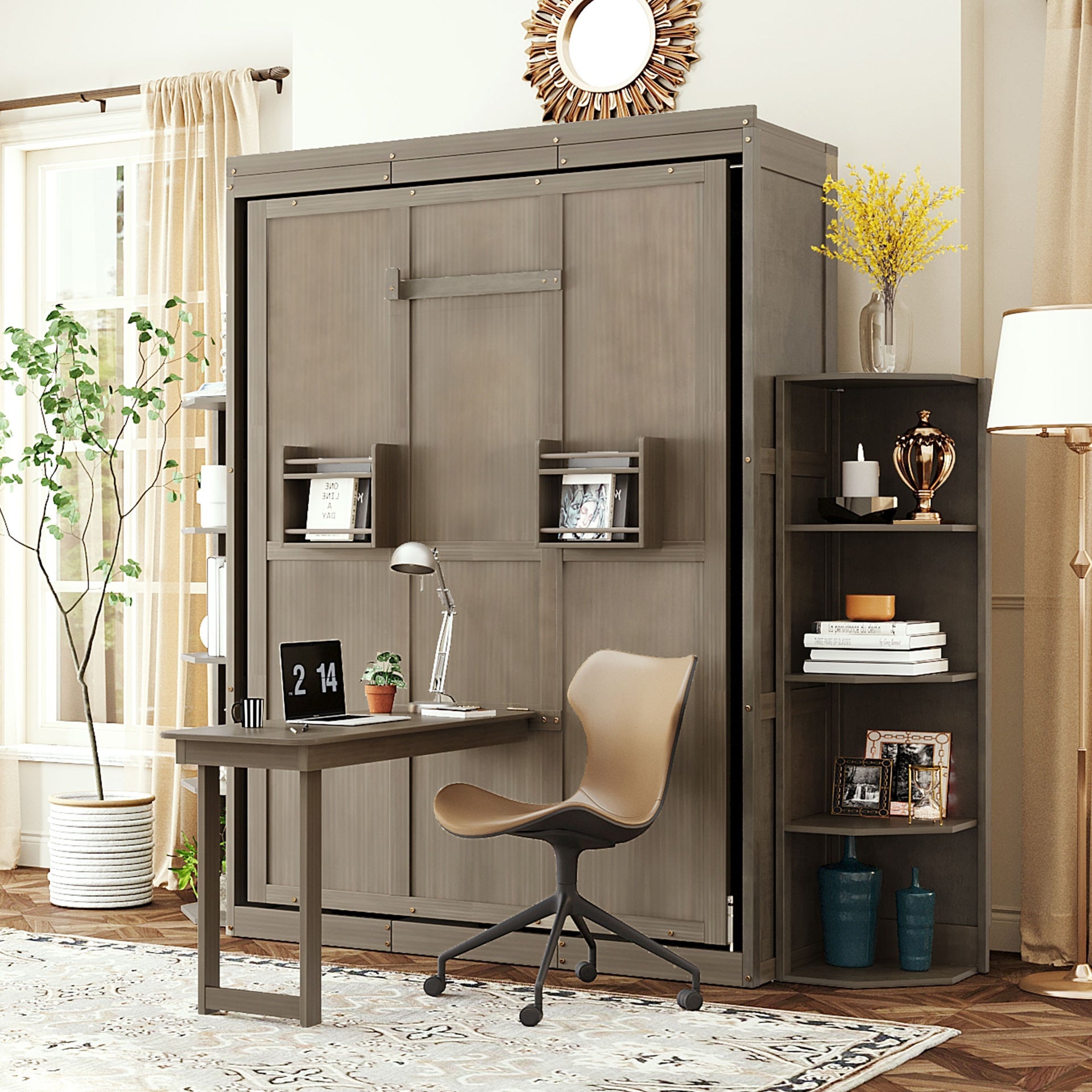 Rotating Queen Murphy Bed with Hidden Wall Cabinet, Dual 3-Tier Side Shelves, Convertible Desk, Extra Storage Racks, Space-Saving Multifunctional Wall Bed for Home Office &Small Rooms, Gray