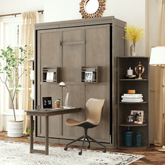 Rotating Queen Murphy Bed with Hidden Wall Cabinet, Dual 3-Tier Side Shelves, Convertible Desk, Extra Storage Racks, Space-Saving Multifunctional Wall Bed for Home Office &Small Rooms, Gray