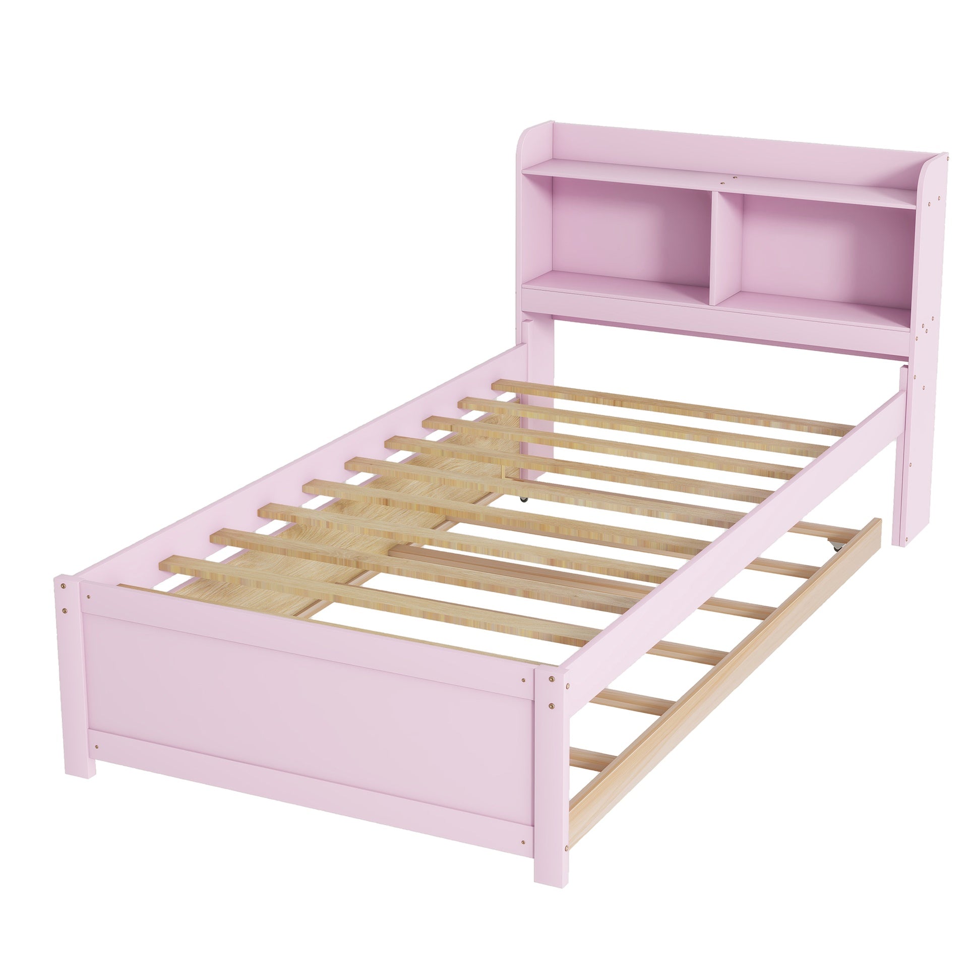 Twin Bed with Trundle,Bookcase,Pink
