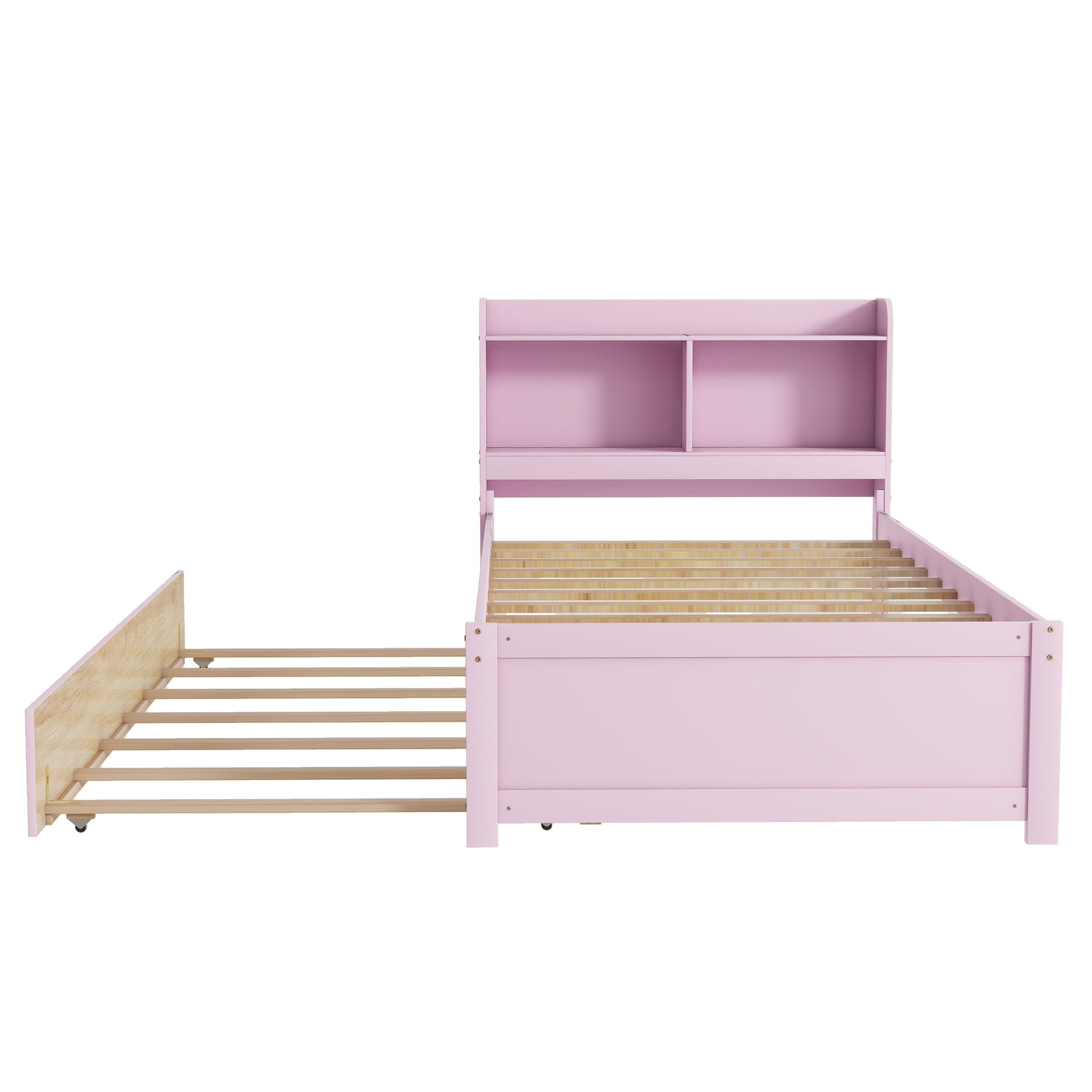 Twin Bed with Trundle,Bookcase,Pink