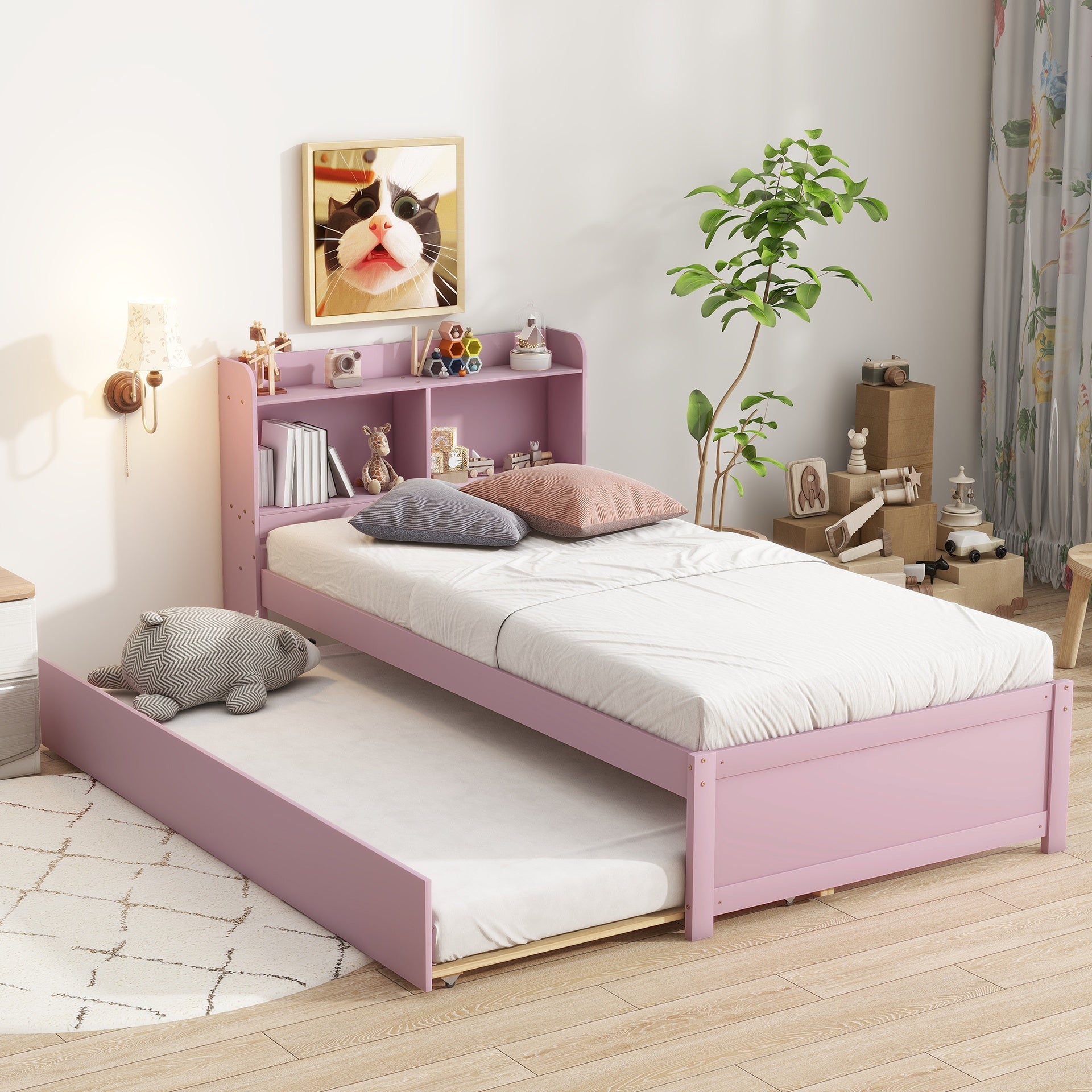 Twin Bed with Trundle,Bookcase,Pink