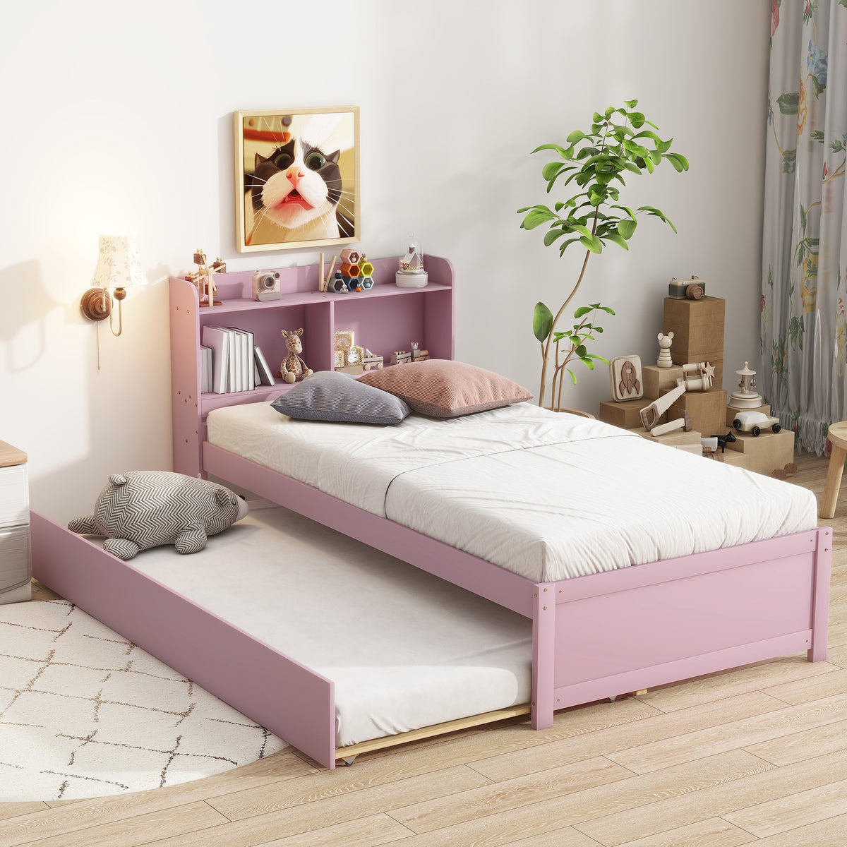 Twin Bed with Trundle,Bookcase,Pink