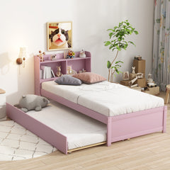 Twin Bed with Trundle,Bookcase,Pink