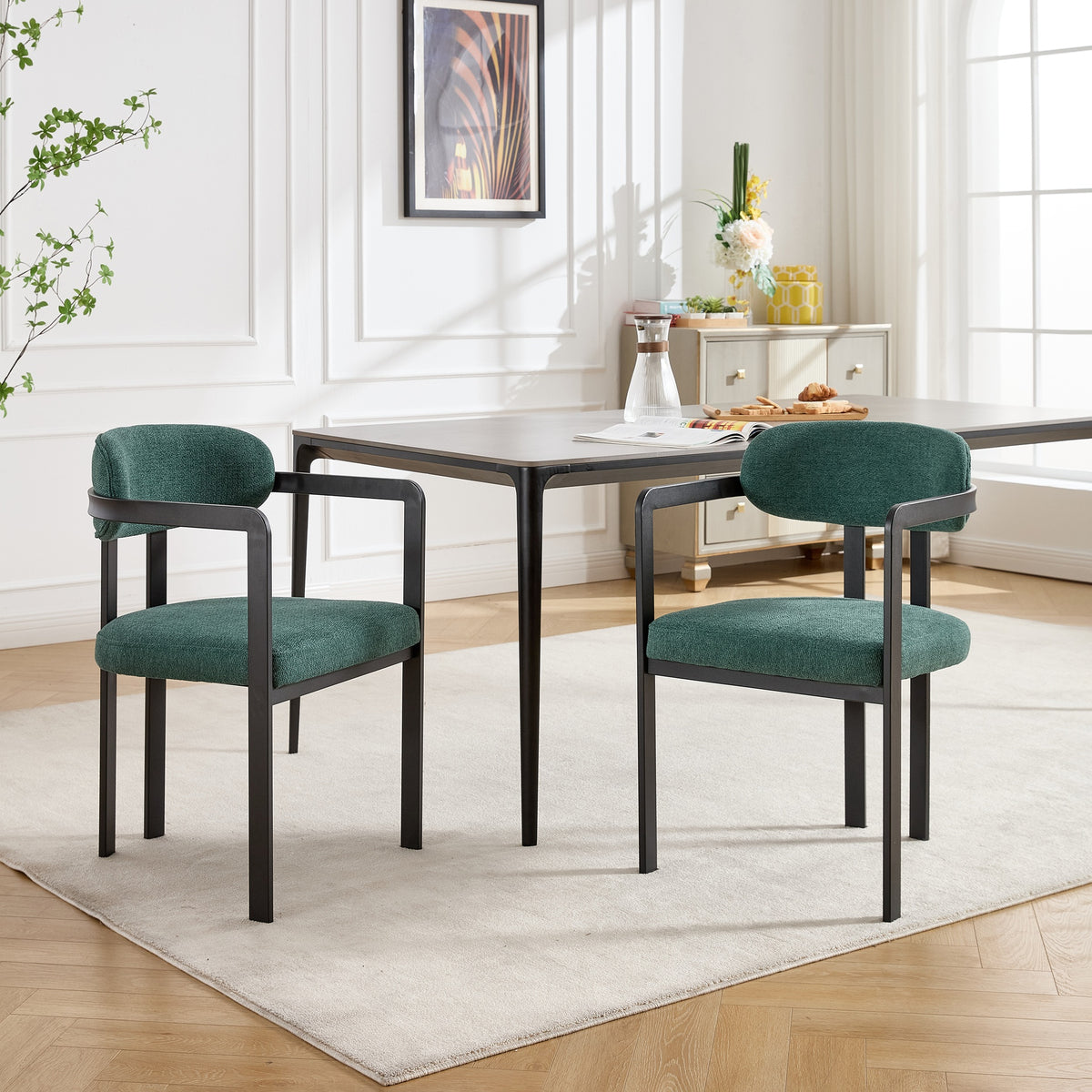 Modern Dining Room Chairs Set of 2, Mid-Century Upholstered Boucle Kitchen Dining Chairs with Black Metal Legs side chair