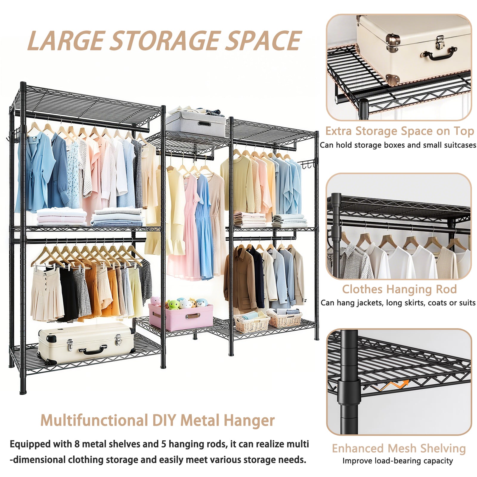 Heavy Duty Garment Rack, Freestanding Closet Organizer, Portable Wardrobe Clothes Rack, Adjustable Wire Shelving Clothes Rack with 8 Adjustable Wire Shelves and 5 Clothes Rails, Black (Without Hook)