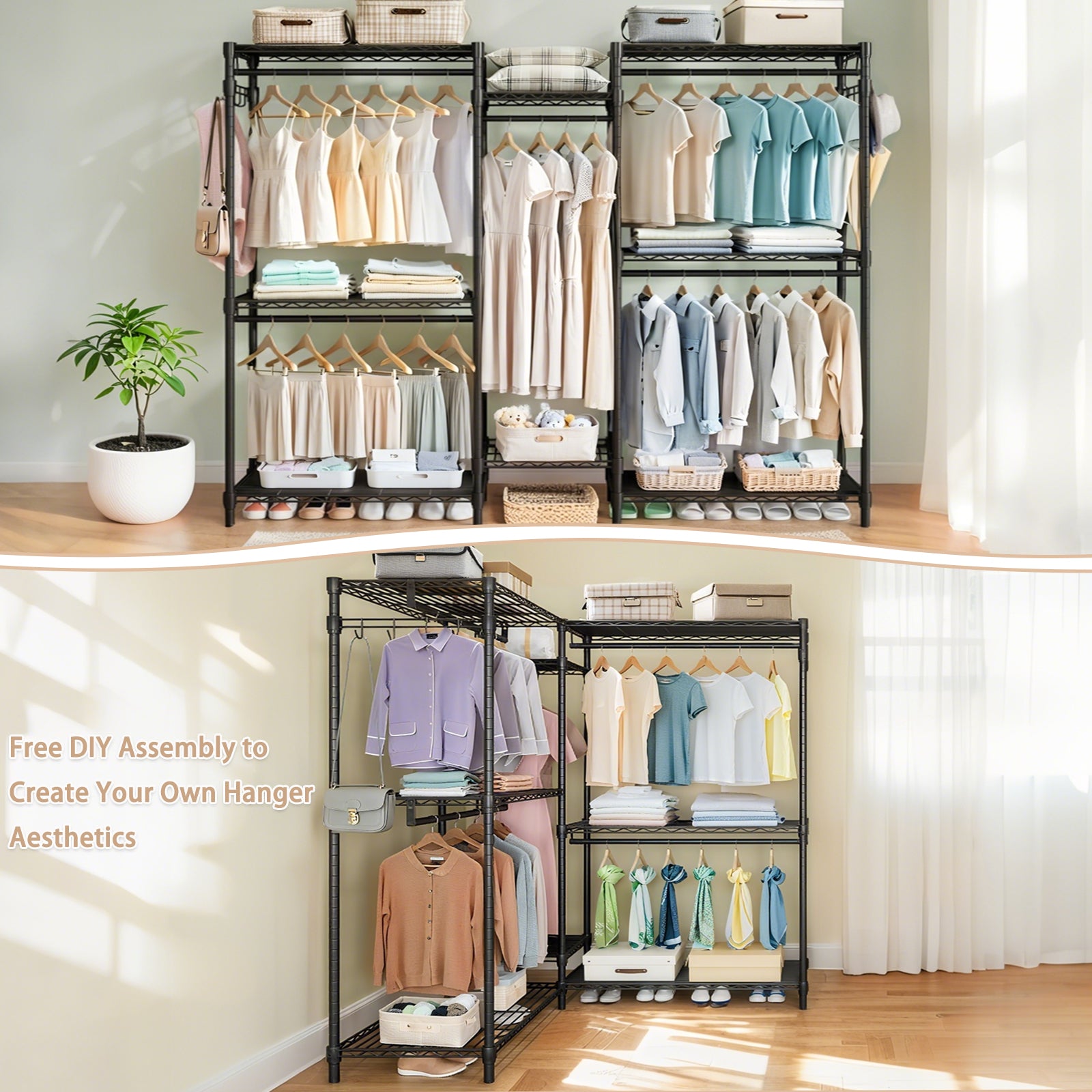 Heavy Duty Garment Rack, Freestanding Closet Organizer, Portable Wardrobe Clothes Rack, Adjustable Wire Shelving Clothes Rack with 8 Adjustable Wire Shelves and 5 Clothes Rails, Black (Without Hook)