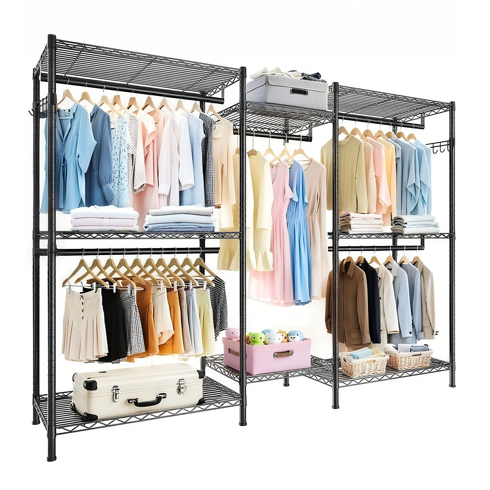 Heavy Duty Garment Rack, Freestanding Closet Organizer, Portable Wardrobe Clothes Rack, Adjustable Wire Shelving Clothes Rack with 8 Adjustable Wire Shelves and 5 Clothes Rails, Black (Without Hook)