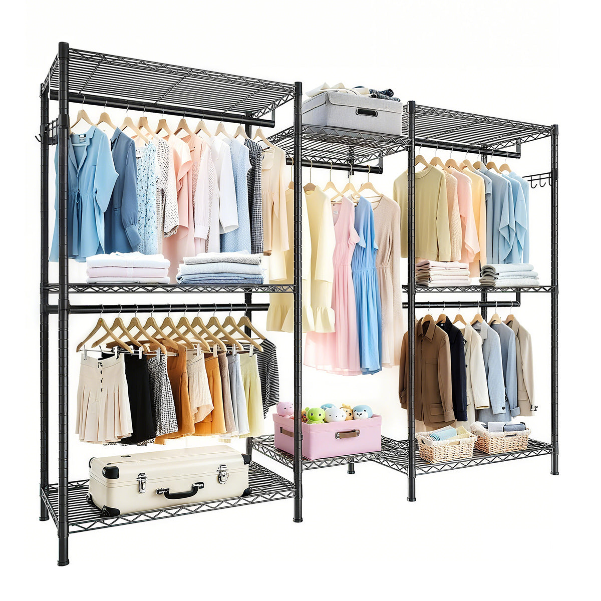 Heavy Duty Garment Rack, Freestanding Closet Organizer, Portable Wardrobe Clothes Rack, Adjustable Wire Shelving Clothes Rack with 8 Adjustable Wire Shelves and 5 Clothes Rails, Black (Without Hook)