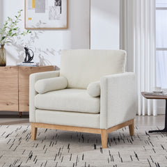 35.4 "Wide Modern Farmhouse Performance Accent Chair with Natural Wood Legs, Wood Base Reading Armchair Single Sofa with Two Bolster Pillows for Living Room offices and Lounge, Ivory Boucle.