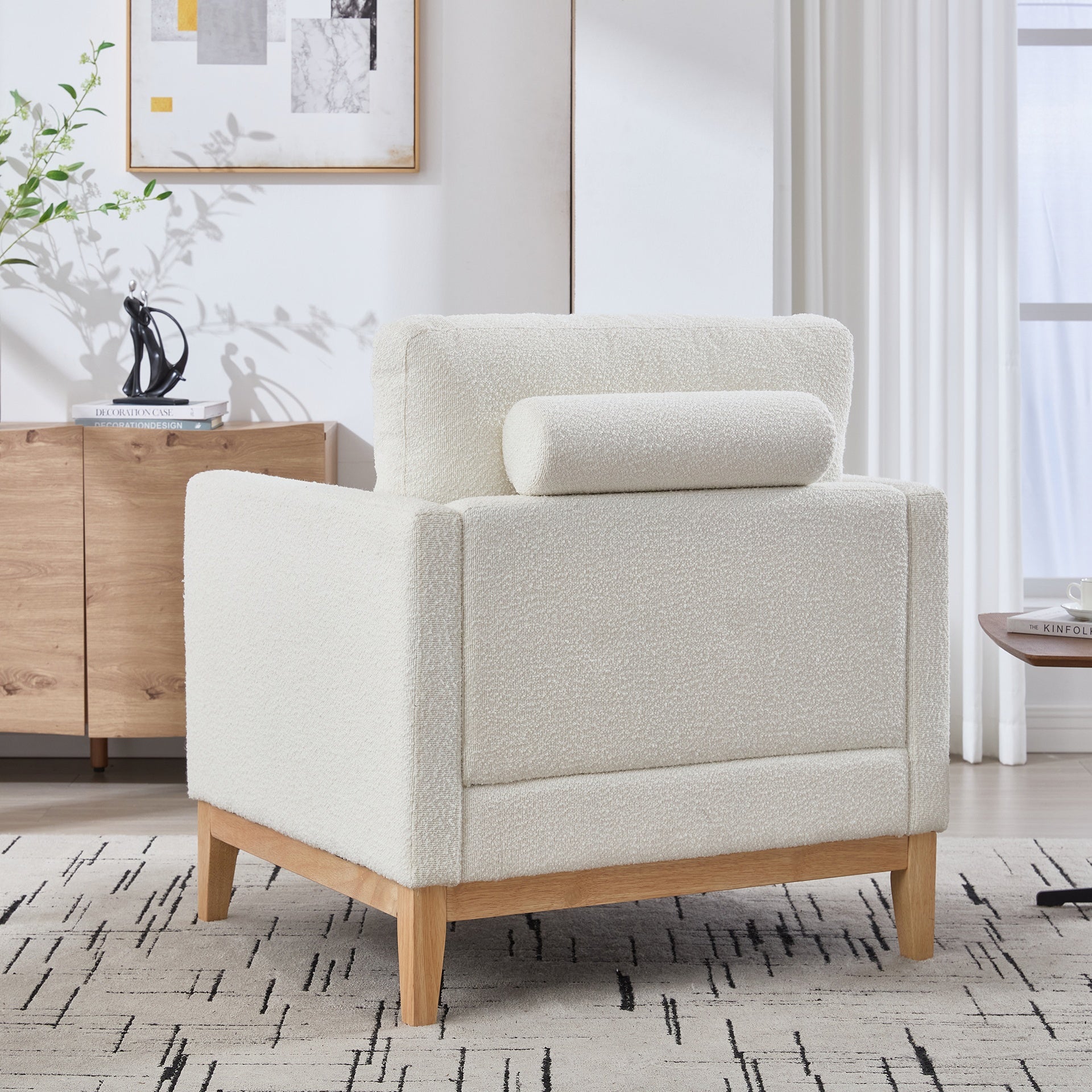 35.4 "Wide Modern Farmhouse Performance Accent Chair with Natural Wood Legs, Wood Base Reading Armchair Single Sofa with Two Bolster Pillows for Living Room offices and Lounge, Ivory Boucle.