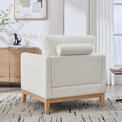 35.4 "Wide Modern Farmhouse Performance Accent Chair with Natural Wood Legs, Wood Base Reading Armchair Single Sofa with Two Bolster Pillows for Living Room offices and Lounge, Ivory Boucle.